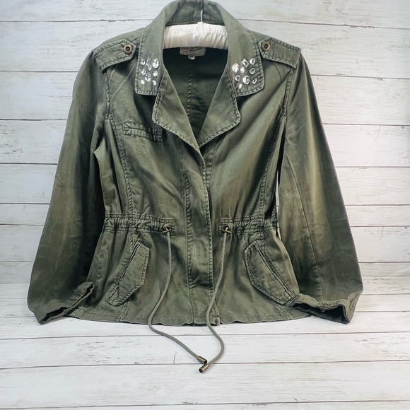 Y2K Dolled Up Jacket Juniors M Olive Green Utility Zip Up Distressed Draw String - Picture 11 of 15
